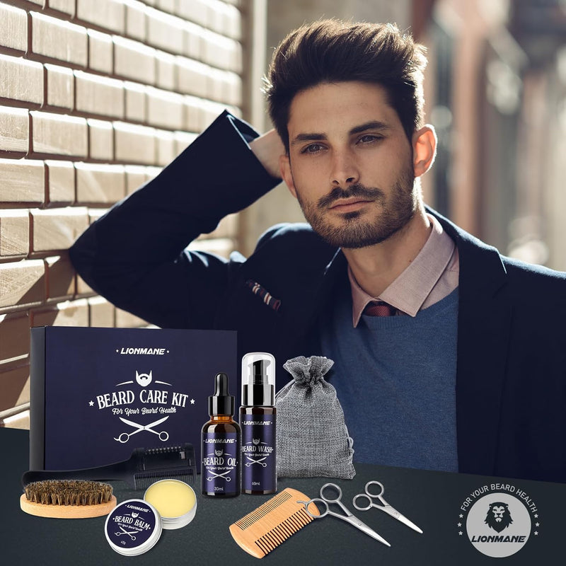 Beard Care Gifts Kit for Men, Beard Mustache Grooming Kit-Beard Balm, Beard Wash, Beard Oil, Brush, Scissors, Birthday Anniversary Daily Gifts for Husband/Boyfriend/Dad/Him